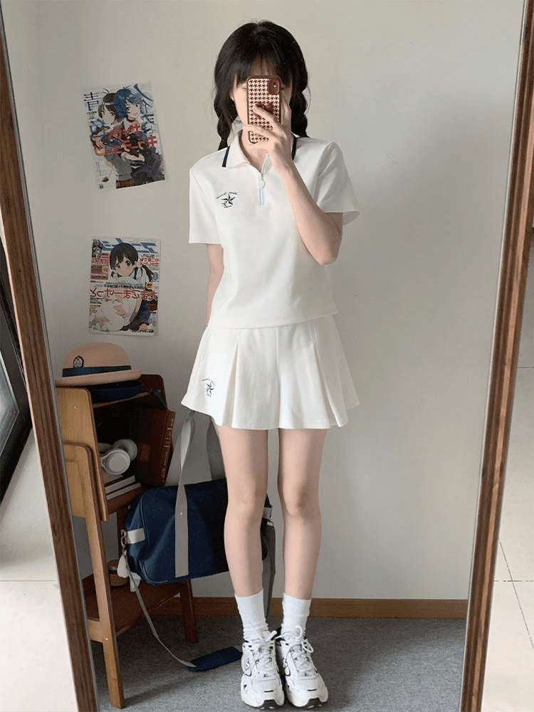 일본식 학원 스타일 캐주얼 스포츠 슈트 여성 여름 학생 루즈핏 다용도 polo 반팔 짧은 바지 투피스 세트 이미지 3