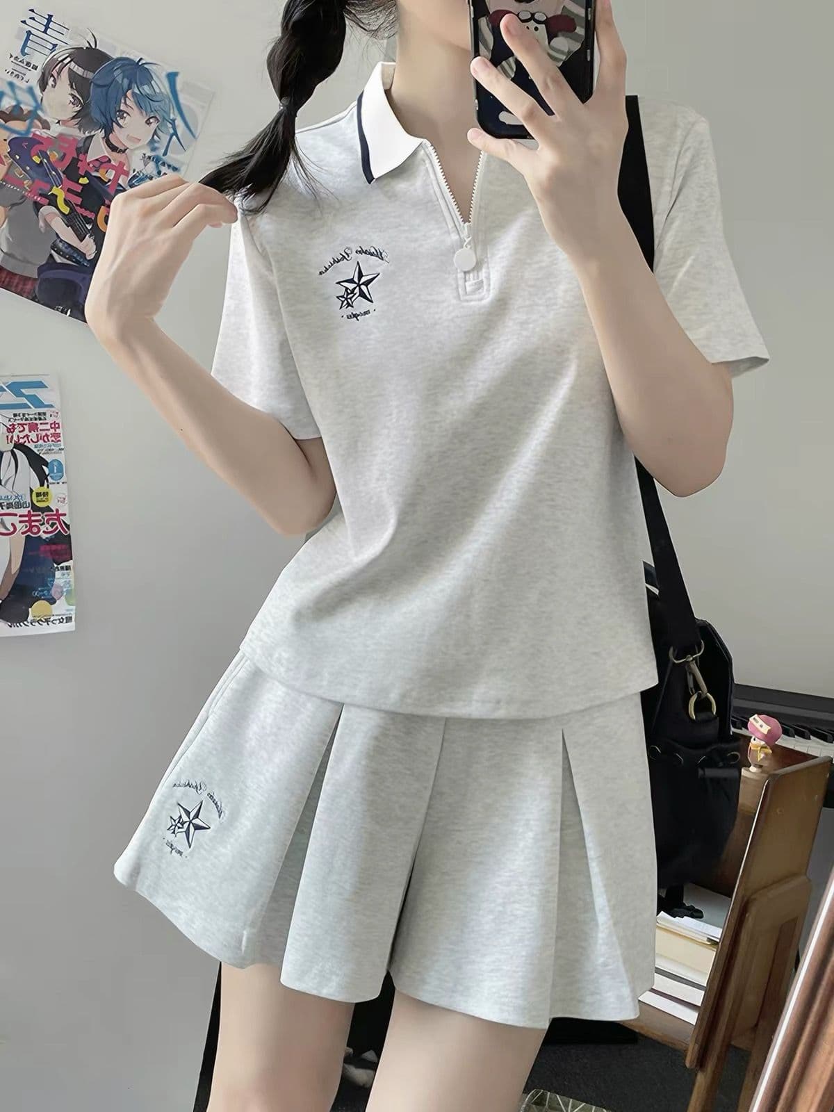 일본식 학원 스타일 캐주얼 스포츠 슈트 여성 여름 학생 루즈핏 다용도 polo 반팔 짧은 바지 투피스 세트 이미지 4