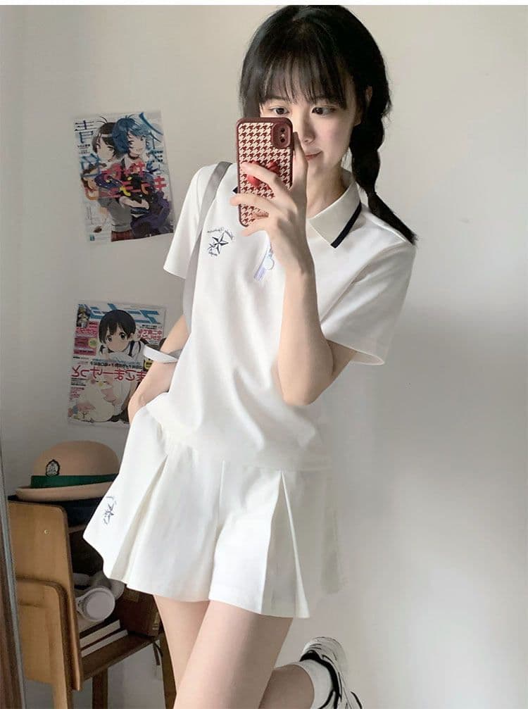 일본식 학원 스타일 캐주얼 스포츠 슈트 여성 여름 학생 루즈핏 다용도 polo 반팔 짧은 바지 투피스 세트 상세 이미지 3