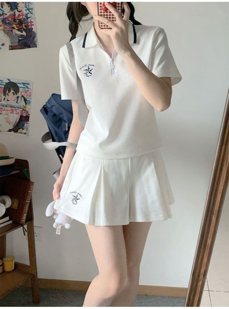 일본식 학원 스타일 캐주얼 스포츠 슈트 여성 여름 학생 루즈핏 다용도 polo 반팔 짧은 바지 투피스 세트 상세 이미지 5