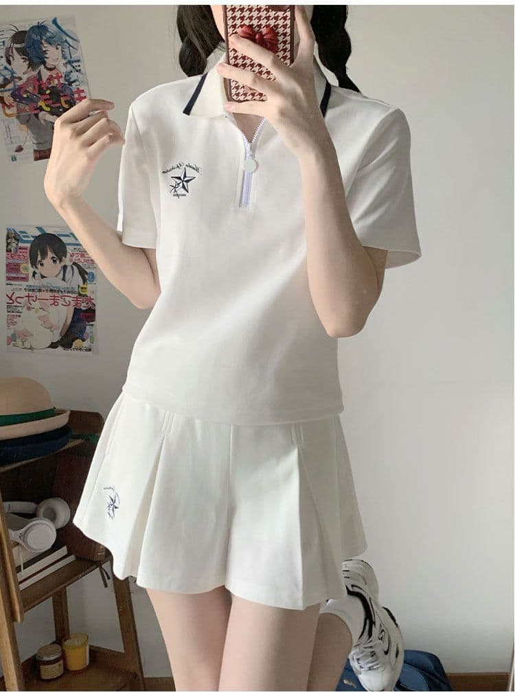 일본식 학원 스타일 캐주얼 스포츠 슈트 여성 여름 학생 루즈핏 다용도 polo 반팔 짧은 바지 투피스 세트 상세 이미지 6