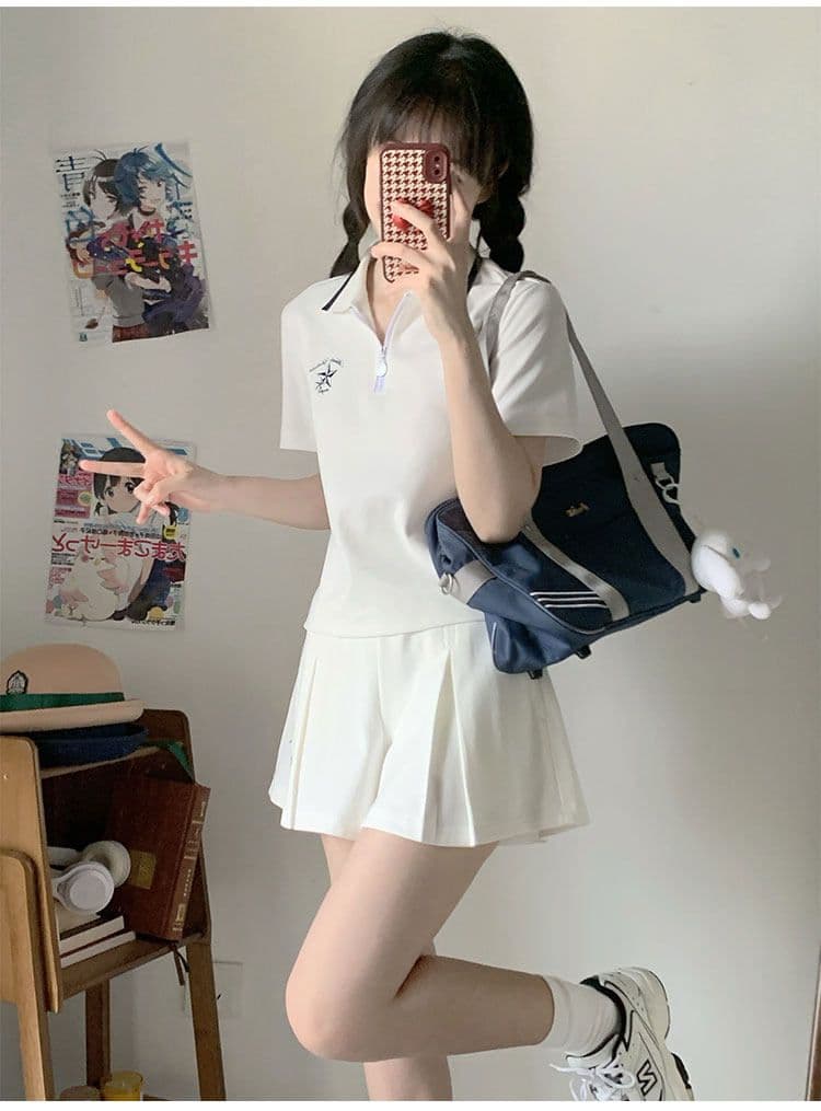 일본식 학원 스타일 캐주얼 스포츠 슈트 여성 여름 학생 루즈핏 다용도 polo 반팔 짧은 바지 투피스 세트 상세 이미지 7