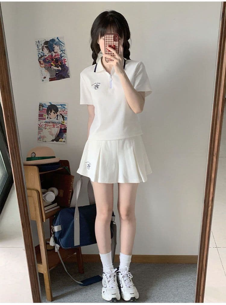 일본식 학원 스타일 캐주얼 스포츠 슈트 여성 여름 학생 루즈핏 다용도 polo 반팔 짧은 바지 투피스 세트 상세 이미지 8