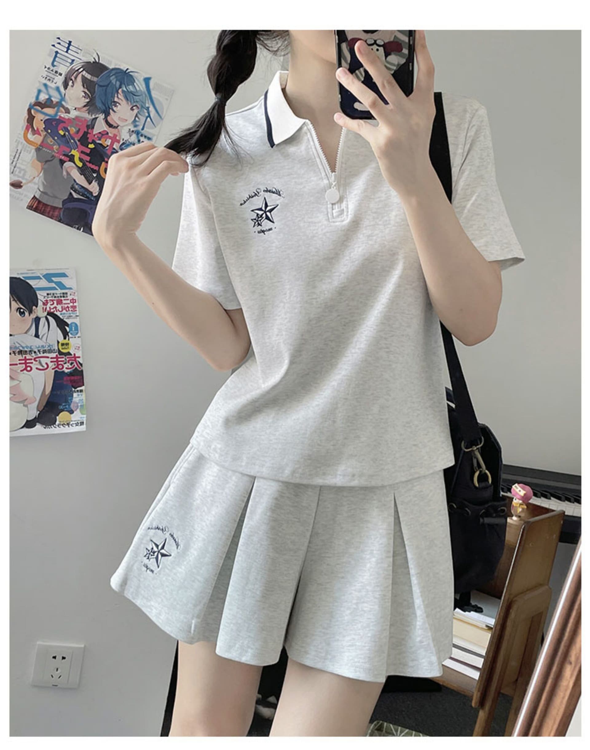 일본식 학원 스타일 캐주얼 스포츠 슈트 여성 여름 학생 루즈핏 다용도 polo 반팔 짧은 바지 투피스 세트 상세 이미지 10