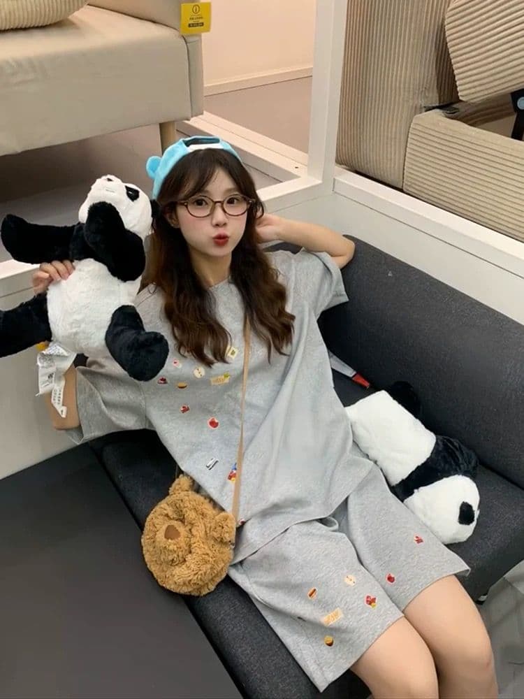 학원 스타일 프린트 캐주얼 스포츠 슈트 여성 여름 새로운 학생 루즈핏 투피스 세트