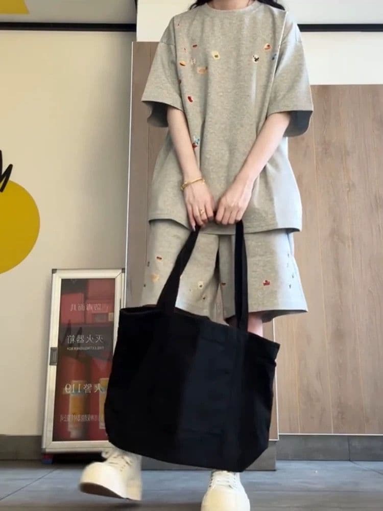학원 스타일 프린트 캐주얼 스포츠 슈트 여성 여름 새로운 학생 루즈핏 투피스 세트 상세 이미지 5