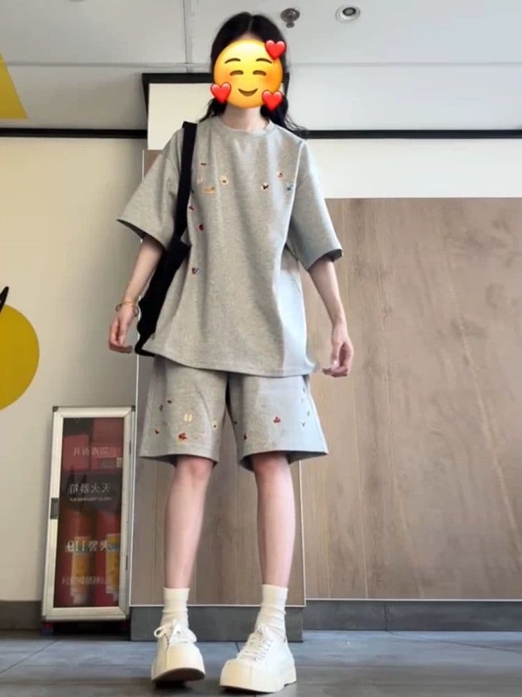 학원 스타일 프린트 캐주얼 스포츠 슈트 여성 여름 새로운 학생 루즈핏 투피스 세트 상세 이미지 7