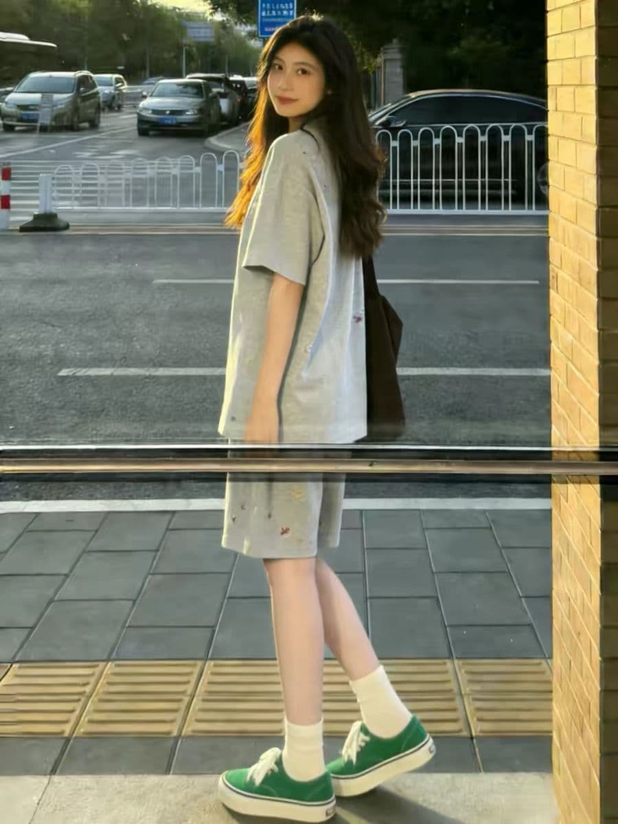 학원 스타일 프린트 캐주얼 스포츠 슈트 여성 여름 새로운 학생 루즈핏 투피스 세트 이미지 3