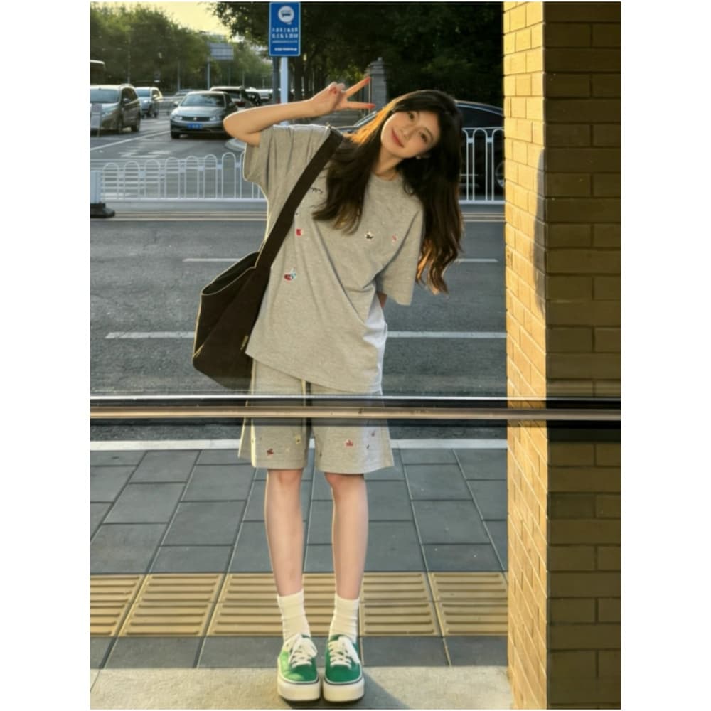 학원 스타일 프린트 캐주얼 스포츠 슈트 여성 여름 새로운 학생 루즈핏 투피스 세트 이미지 5