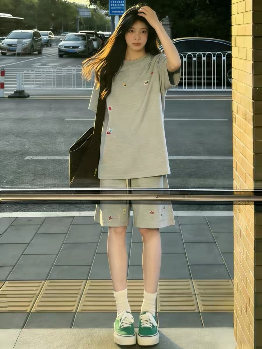 학원 스타일 프린트 캐주얼 스포츠 슈트 여성 여름 새로운 학생 루즈핏 투피스 세트 상세 이미지 2