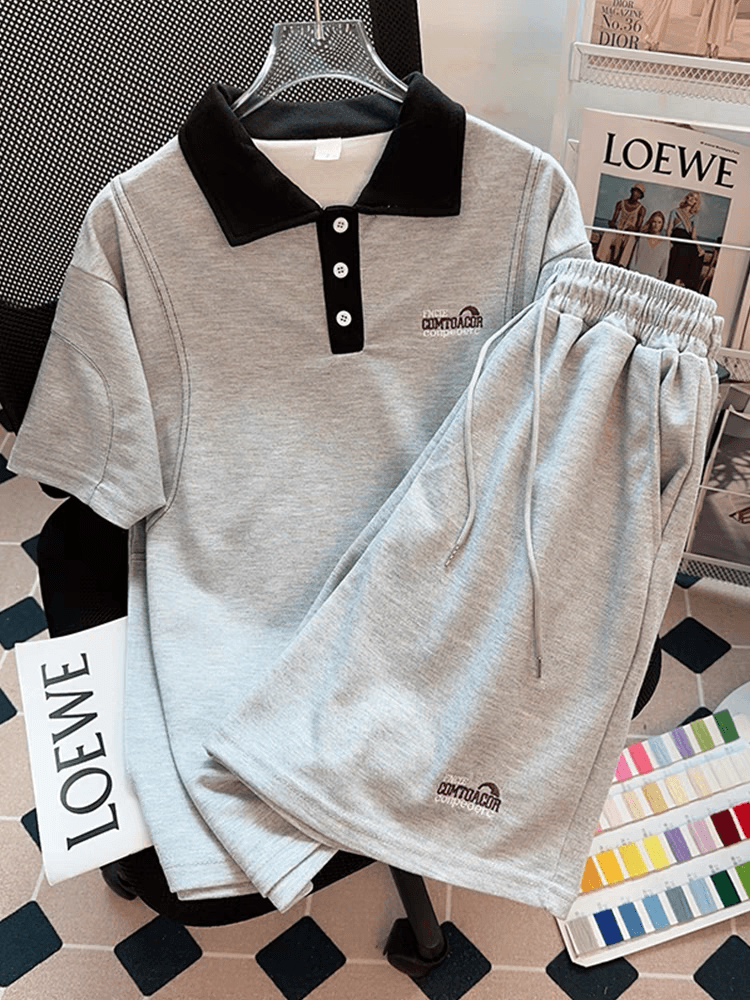 자수 POLO 칼라 캐주얼 스포츠 슈트 여성 여름 새로운 학생 한국 스타일 루즈핏 투피스 세트