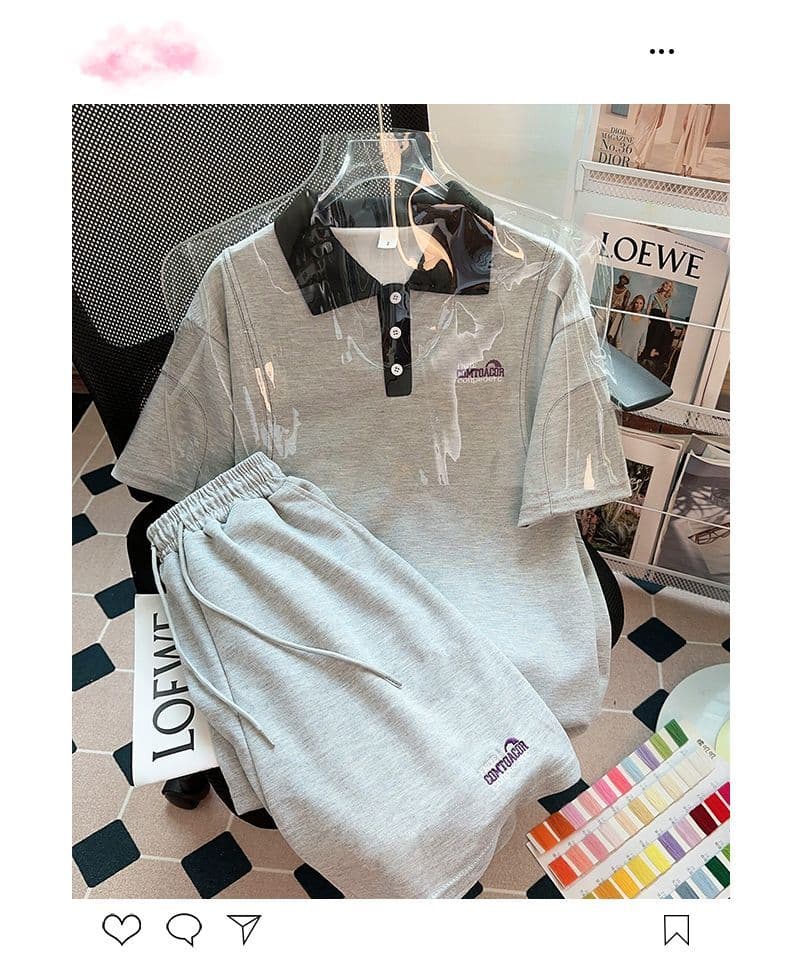 자수 POLO 칼라 캐주얼 스포츠 슈트 여성 여름 새로운 학생 한국 스타일 루즈핏 투피스 세트 상세 이미지 1