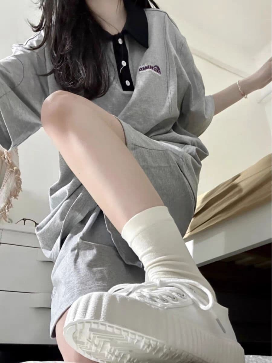 자수 POLO 칼라 캐주얼 스포츠 슈트 여성 여름 새로운 학생 한국 스타일 루즈핏 투피스 세트