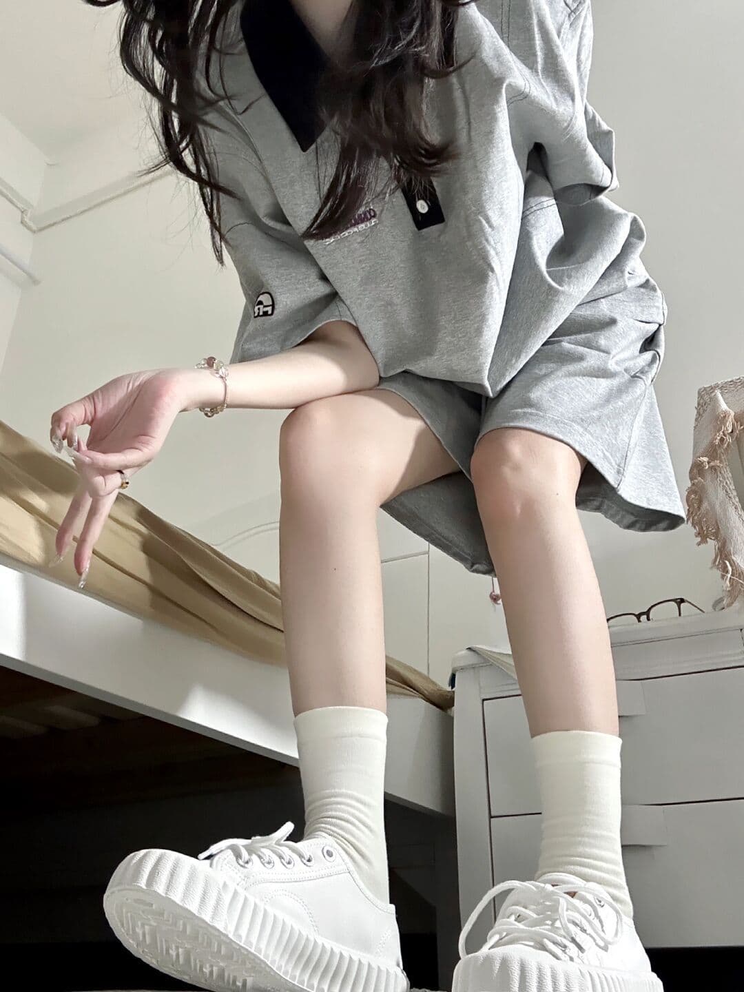 자수 POLO 칼라 캐주얼 스포츠 슈트 여성 여름 새로운 학생 한국 스타일 루즈핏 투피스 세트 상세 이미지 7