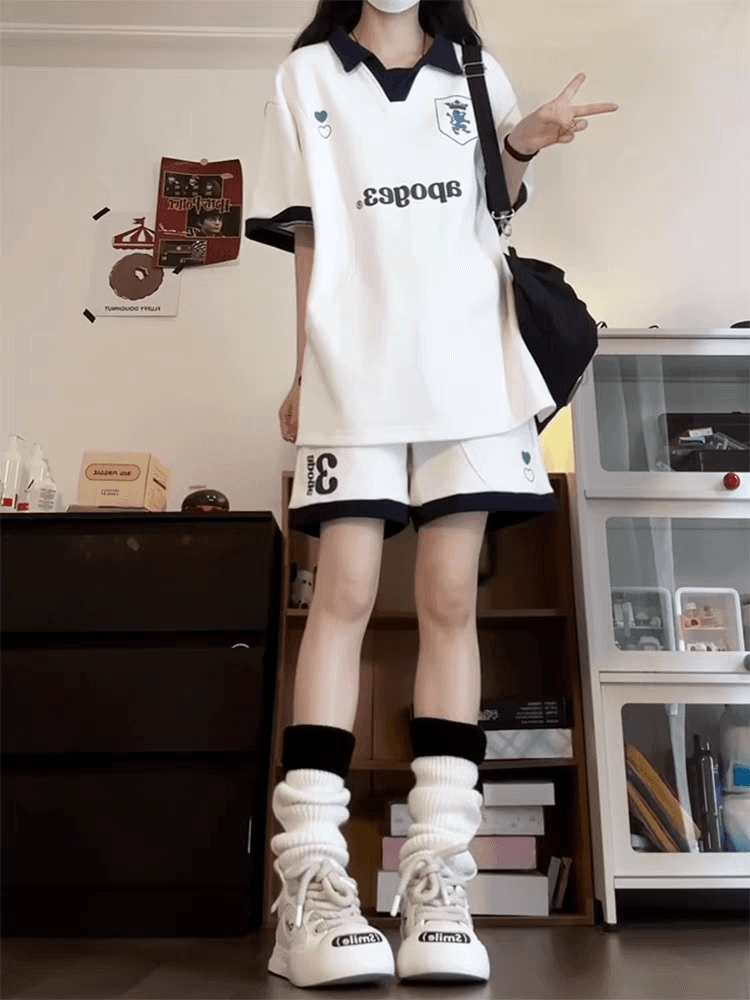 배색 패치워크 캐주얼 스포츠 슈트 여성 여름 새로운 학생 한국 스타일 polo 루즈핏 투피스 세트