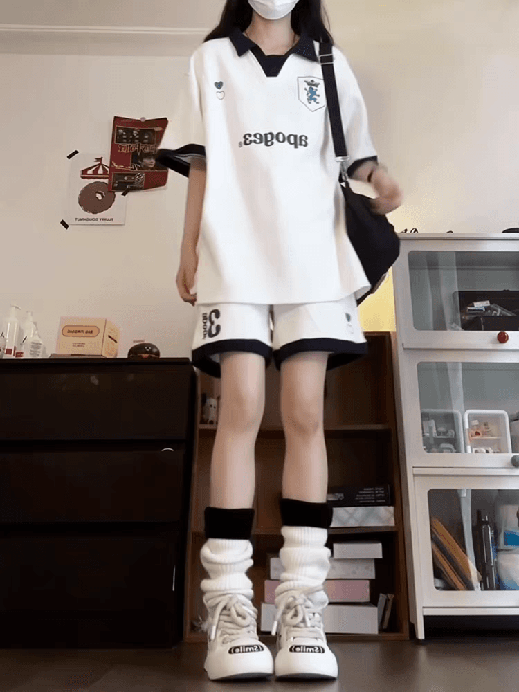 배색 패치워크 캐주얼 스포츠 슈트 여성 여름 새로운 학생 한국 스타일 polo 루즈핏 투피스 세트 이미지 2