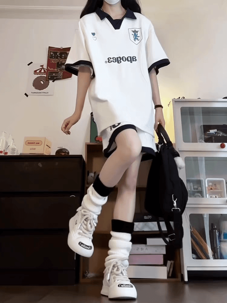 배색 패치워크 캐주얼 스포츠 슈트 여성 여름 새로운 학생 한국 스타일 polo 루즈핏 투피스 세트 이미지 4
