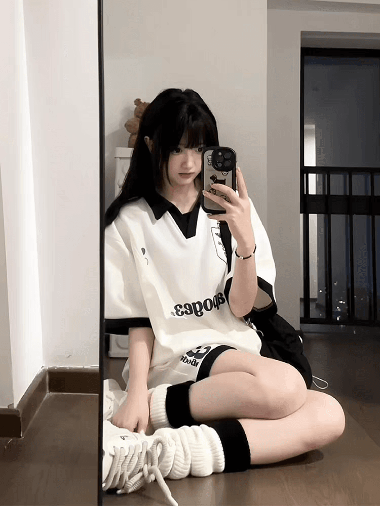 배색 패치워크 캐주얼 스포츠 슈트 여성 여름 새로운 학생 한국 스타일 polo 루즈핏 투피스 세트
