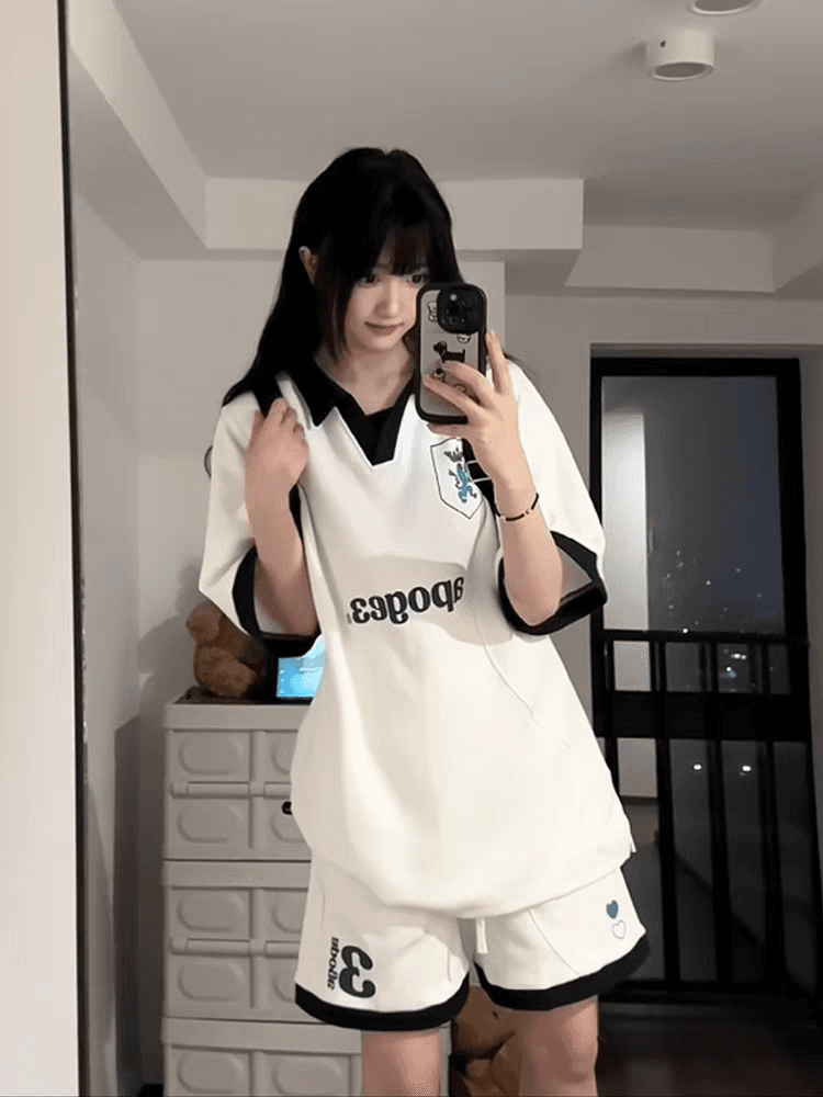 배색 패치워크 캐주얼 스포츠 슈트 여성 여름 새로운 학생 한국 스타일 polo 루즈핏 투피스 세트 이미지 3