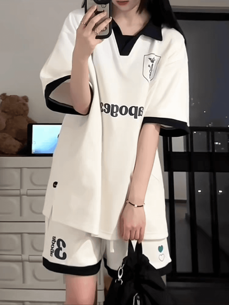 배색 패치워크 캐주얼 스포츠 슈트 여성 여름 새로운 학생 한국 스타일 polo 루즈핏 투피스 세트 이미지 4