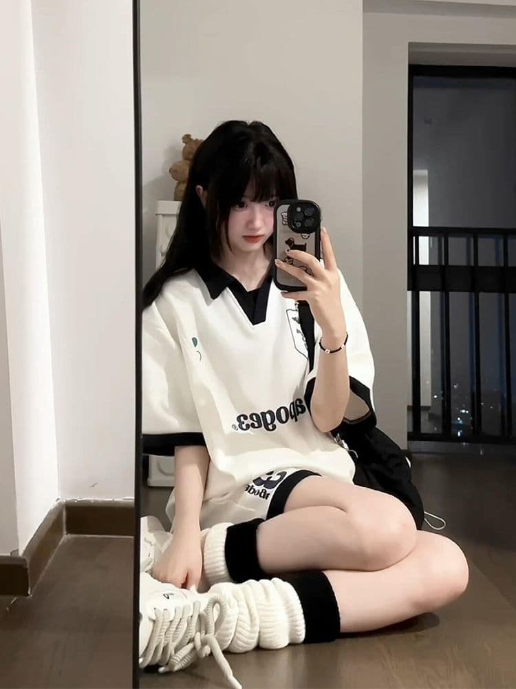 배색 패치워크 캐주얼 스포츠 슈트 여성 여름 새로운 학생 한국 스타일 polo 루즈핏 투피스 세트 상세 이미지 5