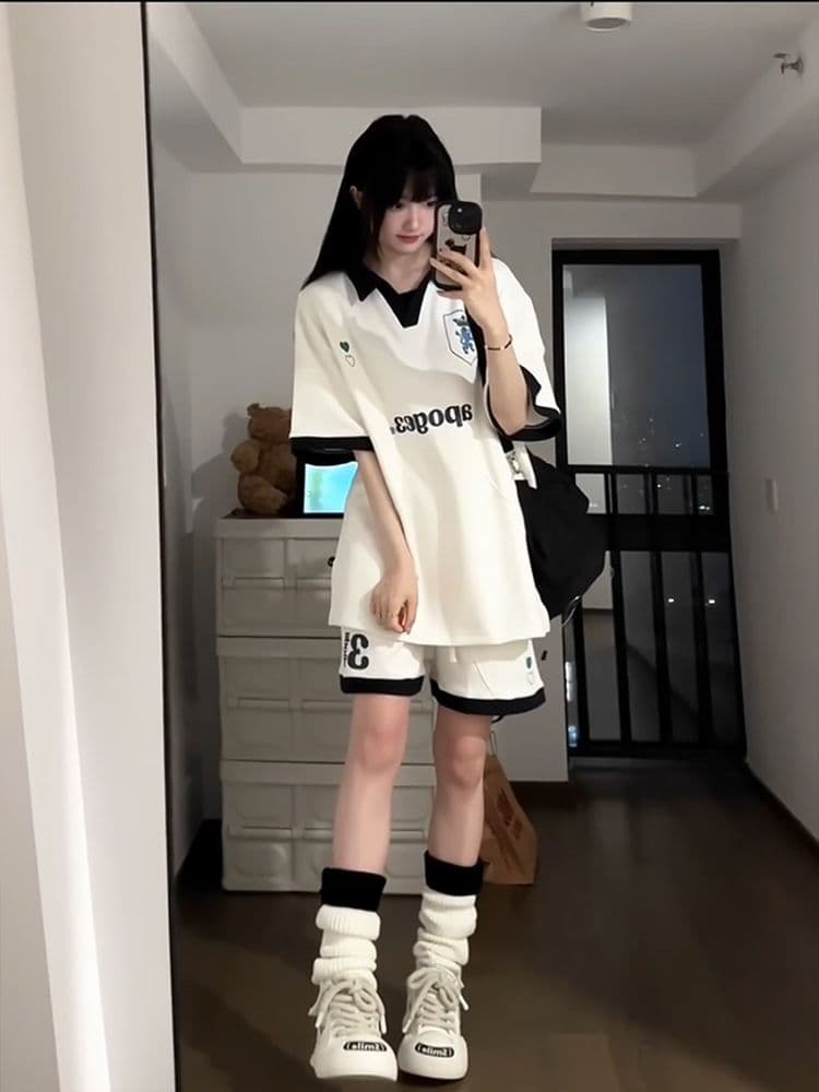 배색 패치워크 캐주얼 스포츠 슈트 여성 여름 새로운 학생 한국 스타일 polo 루즈핏 투피스 세트 상세 이미지 6
