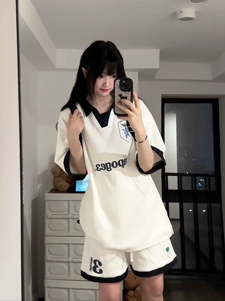 배색 패치워크 캐주얼 스포츠 슈트 여성 여름 새로운 학생 한국 스타일 polo 루즈핏 투피스 세트 상세 이미지 7