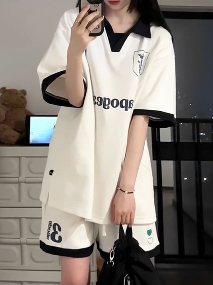 배색 패치워크 캐주얼 스포츠 슈트 여성 여름 새로운 학생 한국 스타일 polo 루즈핏 투피스 세트 상세 이미지 8