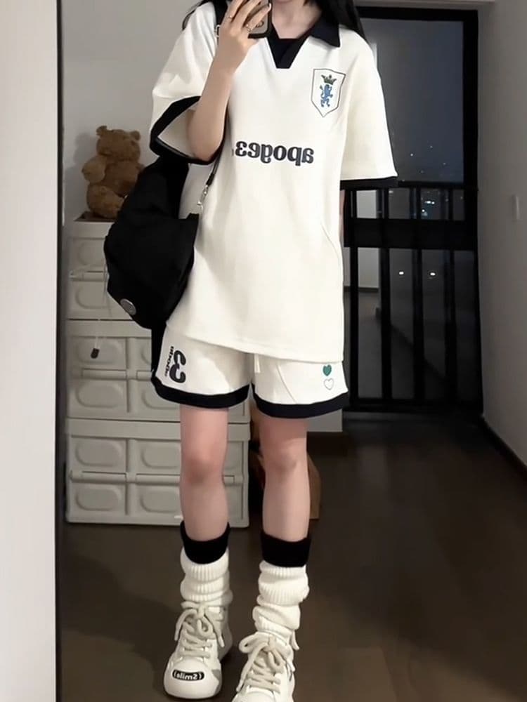 배색 패치워크 캐주얼 스포츠 슈트 여성 여름 새로운 학생 한국 스타일 polo 루즈핏 투피스 세트 상세 이미지 9