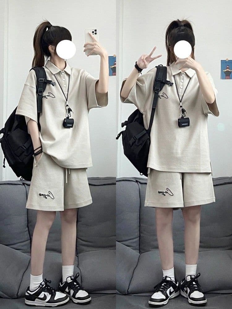 자수 캐주얼 스포츠 슈트 여성 여름 새로운 학생 한국 스타일 루즈핏 투피스 세트 상세 이미지 4