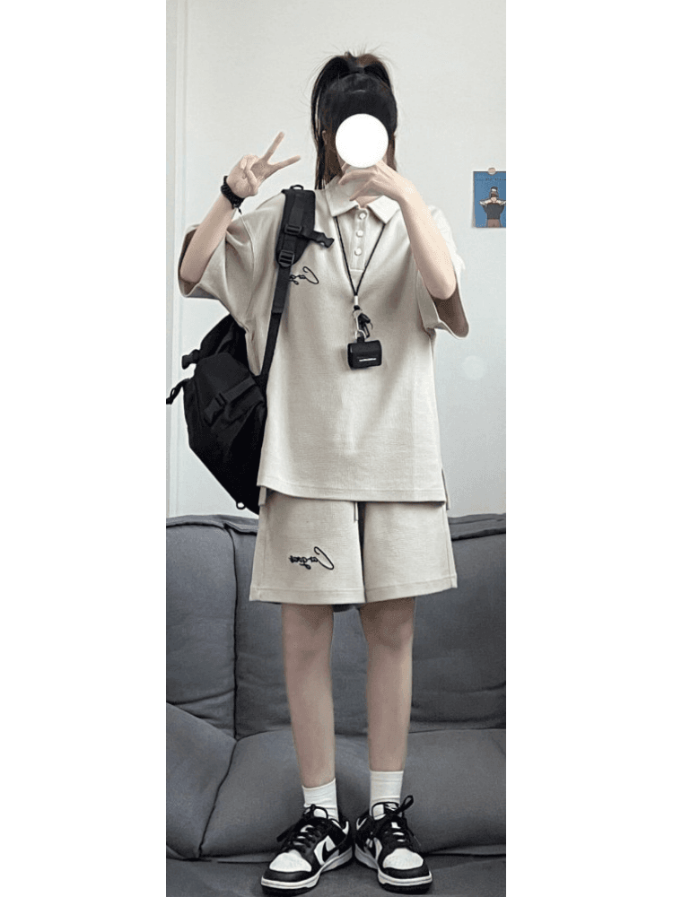 자수 캐주얼 스포츠 슈트 여성 여름 새로운 학생 한국 스타일 루즈핏 투피스 세트 상세 이미지 6