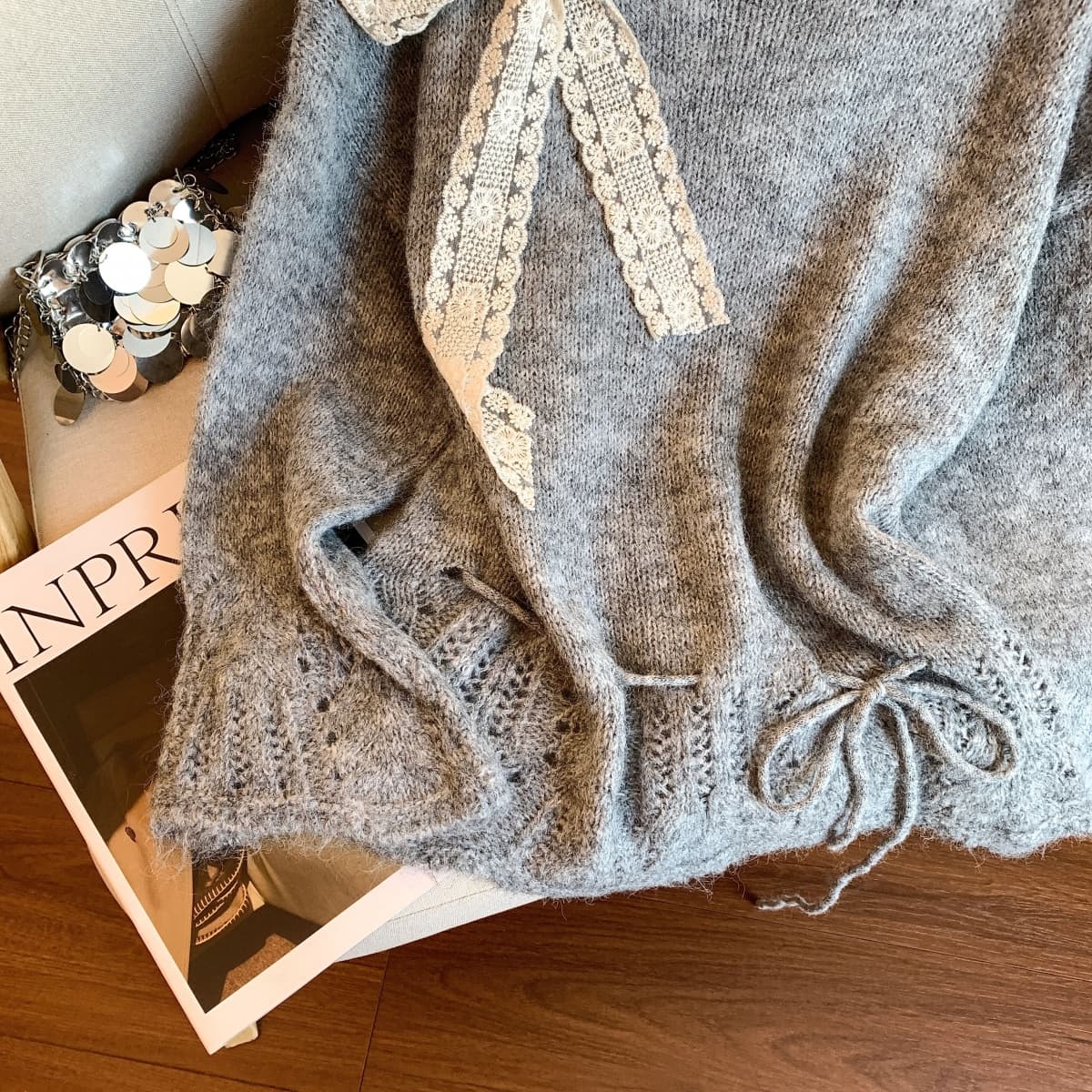실사 달콤함 부드러운 바람 단색 나비 매듭 리본 스웨터 여자 가을 겨울철 새로운 루즈핏 슬림해 보이는 편안함 맨위 상세 이미지 20
