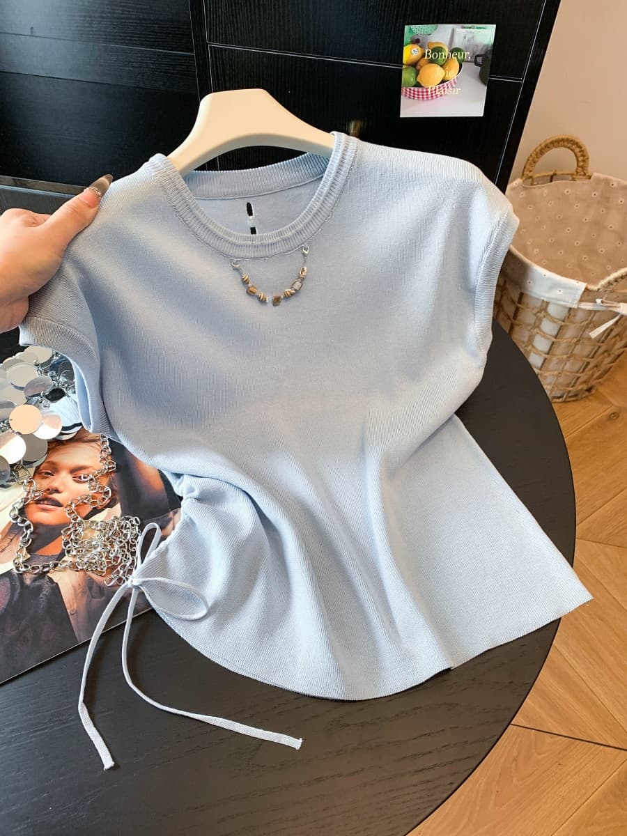 한 부서 chic 작은 날다 소매 짠 셔츠 여성 2026 여름 새로운 비즈 체인 티셔츠 펌프 로프 디자인 센스 작은 맨위 이미지 3