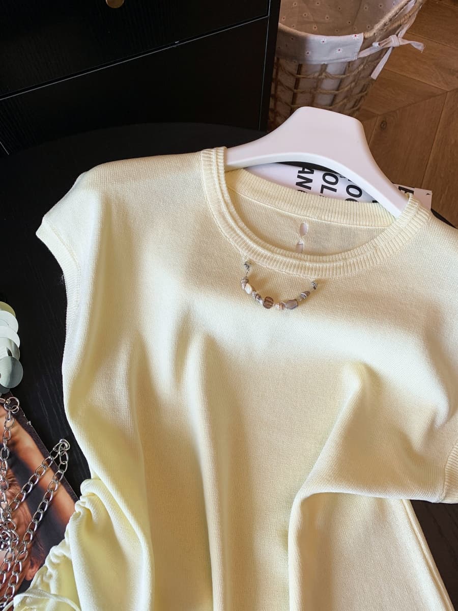 한 부서 chic 작은 날다 소매 짠 셔츠 여성 2026 여름 새로운 비즈 체인 티셔츠 펌프 로프 디자인 센스 작은 맨위 상세 이미지 5