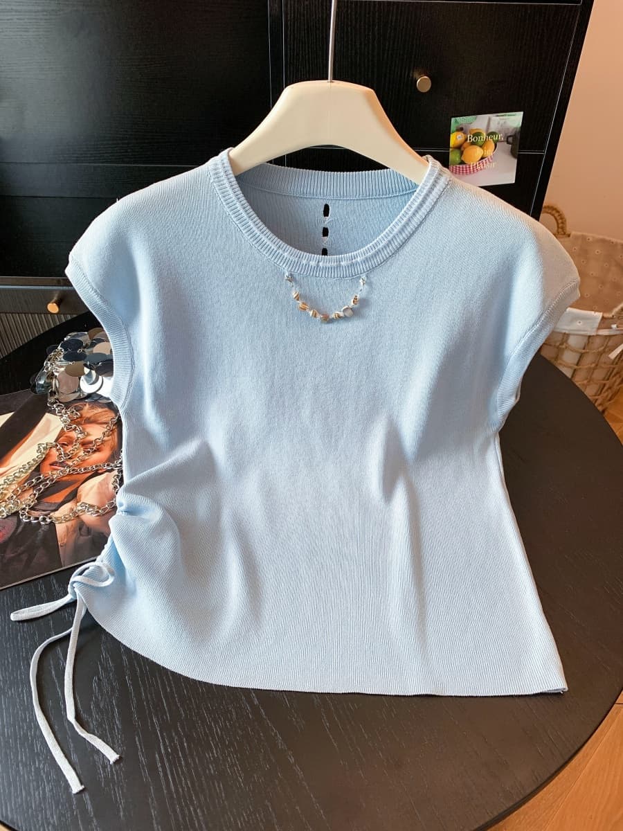 한 부서 chic 작은 날다 소매 짠 셔츠 여성 2026 여름 새로운 비즈 체인 티셔츠 펌프 로프 디자인 센스 작은 맨위 상세 이미지 30