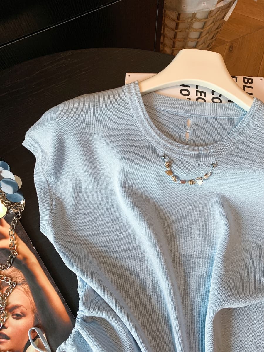 한 부서 chic 작은 날다 소매 짠 셔츠 여성 2026 여름 새로운 비즈 체인 티셔츠 펌프 로프 디자인 센스 작은 맨위 상세 이미지 31