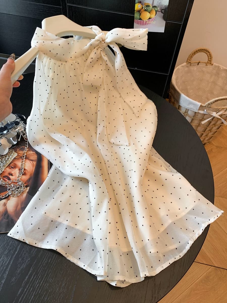 miu 바람 도트 무늬 레이스업 행침 목 쉬폰 여성 셔츠 여름 루즈핏 표지 배 인형 셔츠 슈퍼 요정 민소매 맨위 이미지 2