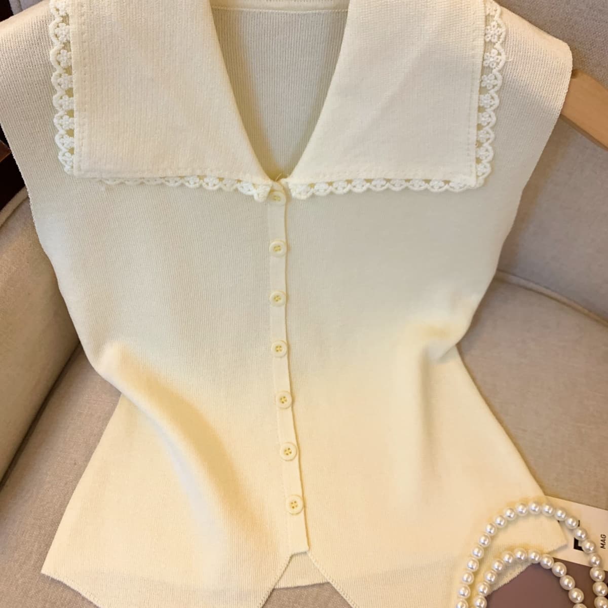실사 프랑스식 핫걸 순수한 욕망 바람 베이비 칼라 레이스 측면 민소매 니트 오픈 가디건 여성 품격 쇼트 스타일 조끼 베스트 이미지 2