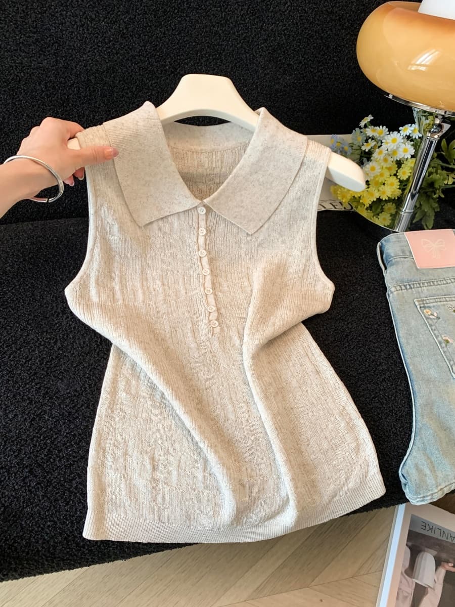 실사 아마 질감 홀로우 아웃 오래된 돈 바람 POLO 칼라 민소매 니트 조끼 여성 단추 미니멀리즘 다용도 슬림해 보이는 상세 이미지 1