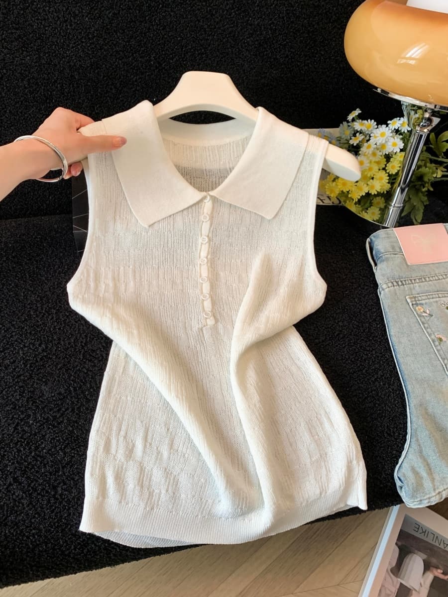 실사 아마 질감 홀로우 아웃 오래된 돈 바람 POLO 칼라 민소매 니트 조끼 여성 단추 미니멀리즘 다용도 슬림해 보이는 상세 이미지 13