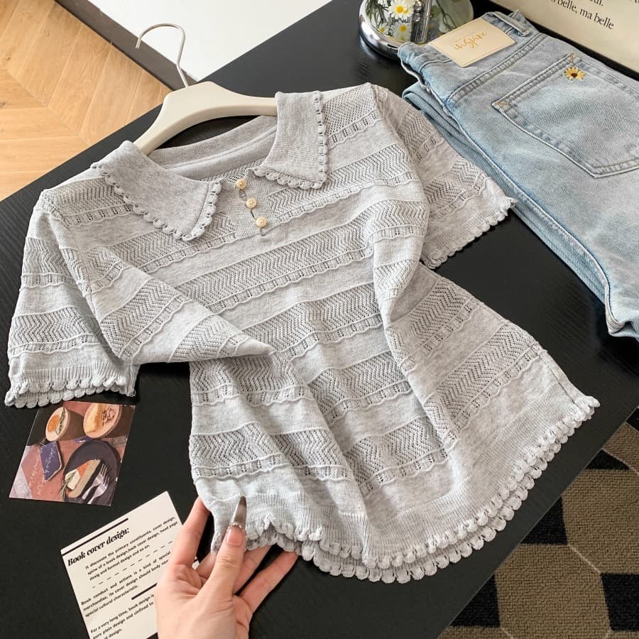 프랑스식 POLO 칼라 반팔 홀로우 아웃 니트 스웨터 여성 여름 새로운 몸매 가꾸기 슬림해 보이는 디자인 센스 긍정적 인 어깨 티셔츠 맨위 이미지 2