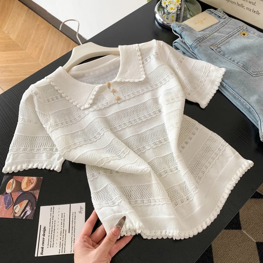 프랑스식 POLO 칼라 반팔 홀로우 아웃 니트 스웨터 여성 여름 새로운 몸매 가꾸기 슬림해 보이는 디자인 센스 긍정적 인 어깨 티셔츠 맨위 이미지 4