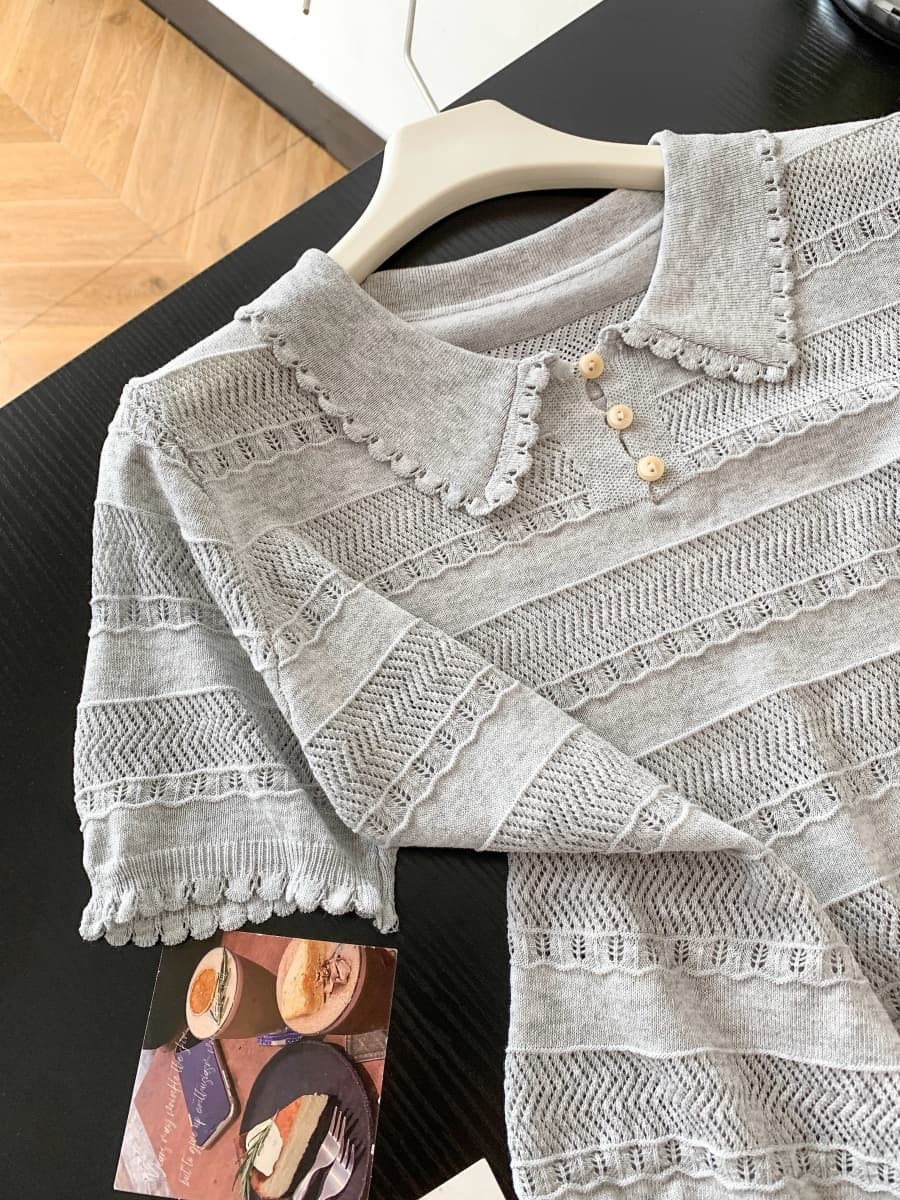 프랑스식 POLO 칼라 반팔 홀로우 아웃 니트 스웨터 여성 여름 새로운 몸매 가꾸기 슬림해 보이는 디자인 센스 긍정적 인 어깨 티셔츠 맨위 이미지 5