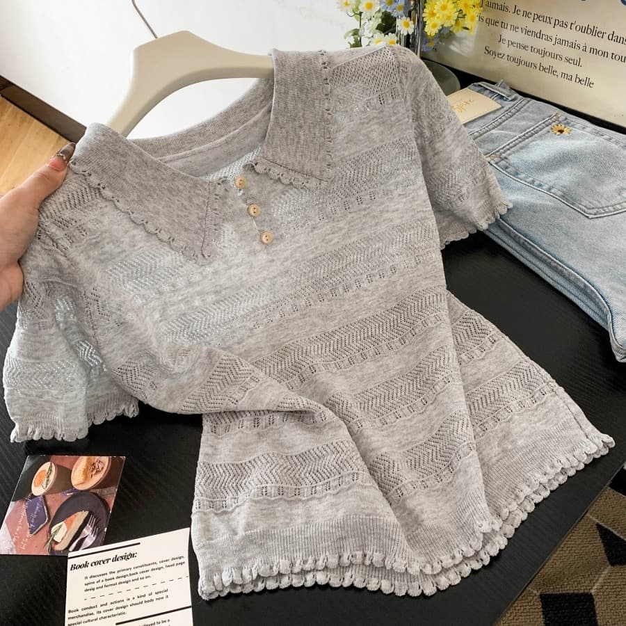 프랑스식 POLO 칼라 반팔 홀로우 아웃 니트 스웨터 여성 여름 새로운 몸매 가꾸기 슬림해 보이는 디자인 센스 긍정적 인 어깨 티셔츠 맨위 이미지 6