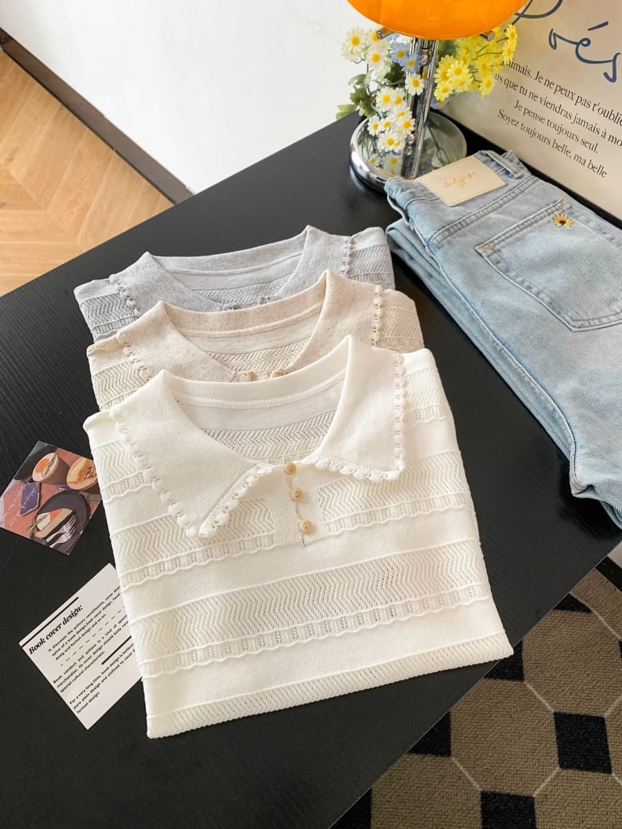 프랑스식 POLO 칼라 반팔 홀로우 아웃 니트 스웨터 여성 여름 새로운 몸매 가꾸기 슬림해 보이는 디자인 센스 긍정적 인 어깨 티셔츠 맨위 상세 이미지 1