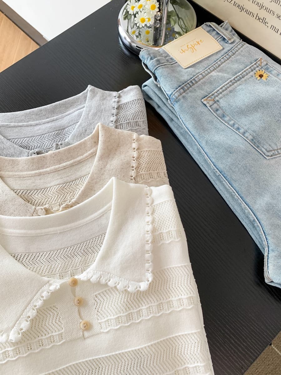 프랑스식 POLO 칼라 반팔 홀로우 아웃 니트 스웨터 여성 여름 새로운 몸매 가꾸기 슬림해 보이는 디자인 센스 긍정적 인 어깨 티셔츠 맨위 상세 이미지 2