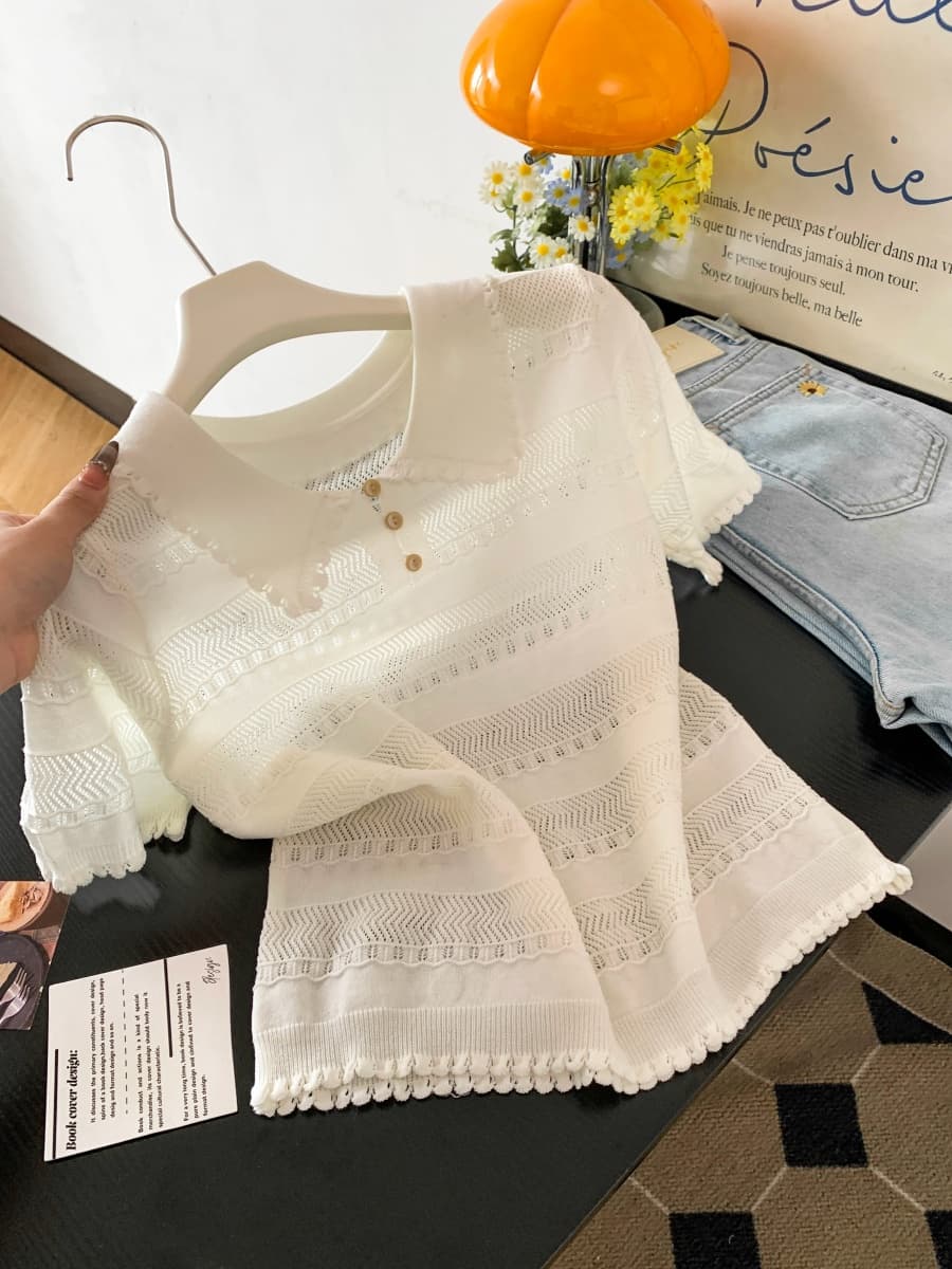 프랑스식 POLO 칼라 반팔 홀로우 아웃 니트 스웨터 여성 여름 새로운 몸매 가꾸기 슬림해 보이는 디자인 센스 긍정적 인 어깨 티셔츠 맨위 상세 이미지 3