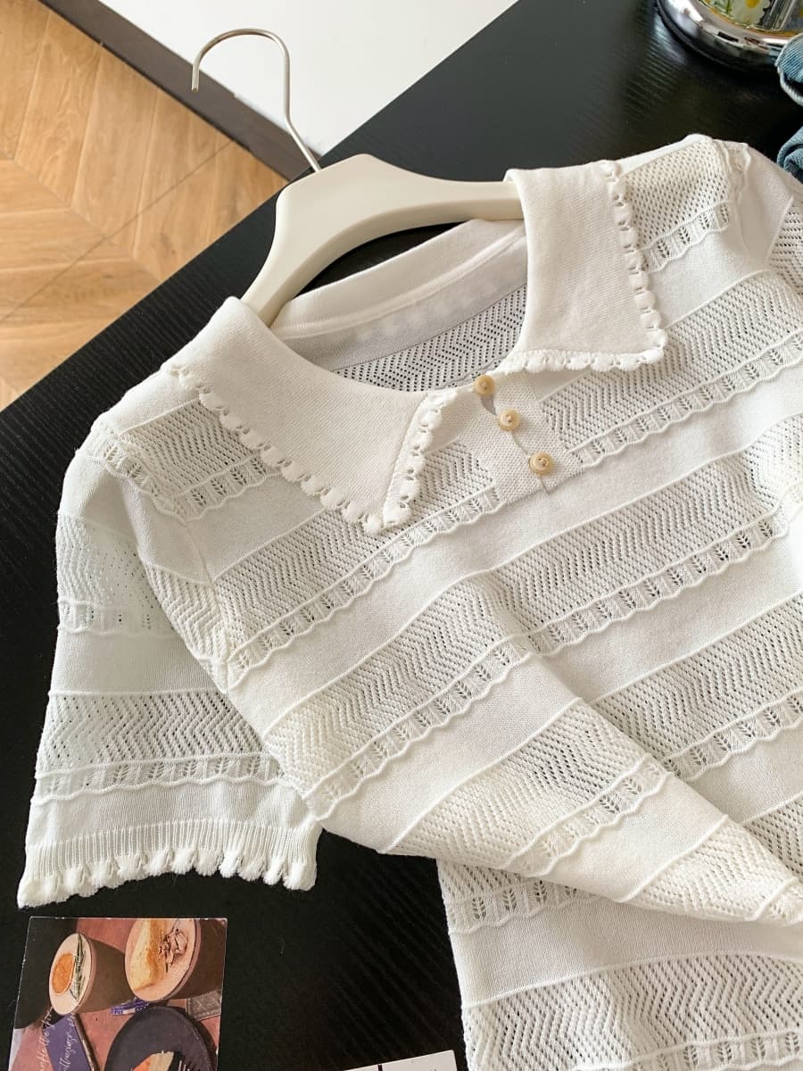 프랑스식 POLO 칼라 반팔 홀로우 아웃 니트 스웨터 여성 여름 새로운 몸매 가꾸기 슬림해 보이는 디자인 센스 긍정적 인 어깨 티셔츠 맨위 상세 이미지 4