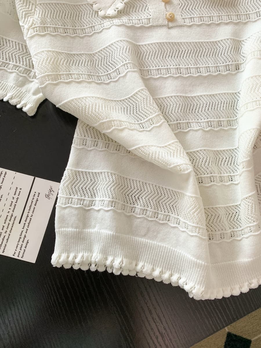 프랑스식 POLO 칼라 반팔 홀로우 아웃 니트 스웨터 여성 여름 새로운 몸매 가꾸기 슬림해 보이는 디자인 센스 긍정적 인 어깨 티셔츠 맨위 상세 이미지 7