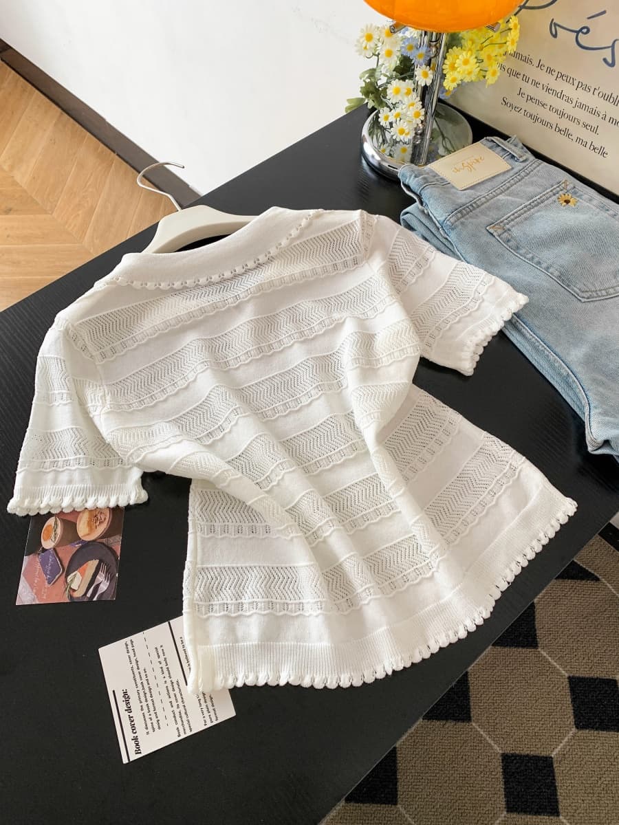 프랑스식 POLO 칼라 반팔 홀로우 아웃 니트 스웨터 여성 여름 새로운 몸매 가꾸기 슬림해 보이는 디자인 센스 긍정적 인 어깨 티셔츠 맨위 상세 이미지 9